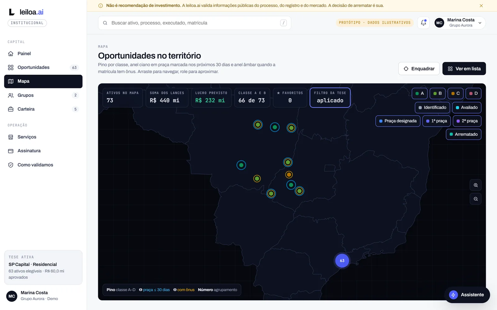 Mapa com os imóveis da tese, coloridos pela classe, e as praças marcadas para os próximos 30 dias